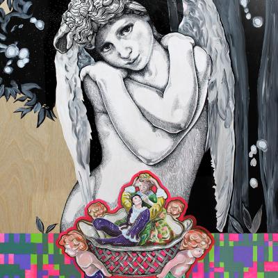 Cupidon et les Amours (d'apres Bouguereau)  peinture sur bois Elia Pagliarino / 90 x 115 cm