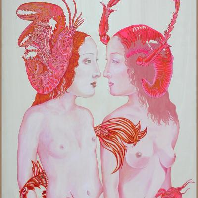 Sandro & Simonetta (d'après Botticelli) peinture sur bois Elia Pagliarino / 90 x 115 cm / VENDUE