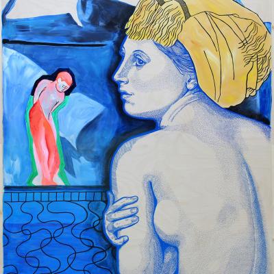 Swimming Pool (d'après Ingres, Matisse et Hockney) peinture sur bois Elia Pagliarino / 78 x 103.5 cm